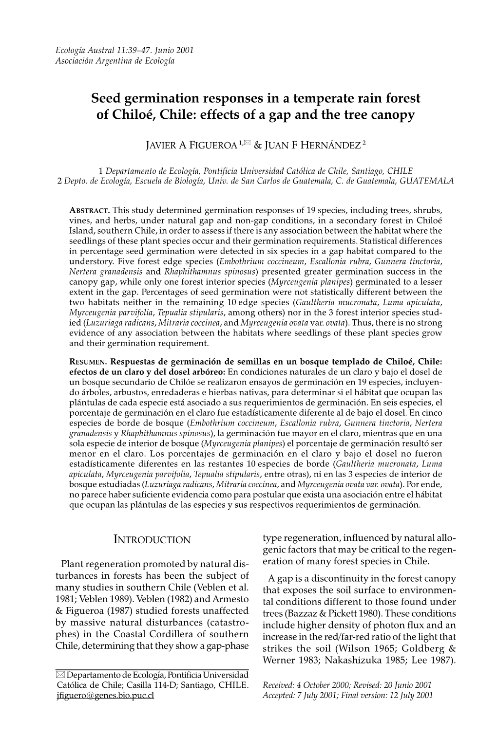 Seed Germination Responses in a Temperate Rain Forest of Chiloé, Chile: Effects of a Gap and the Tree Canopy