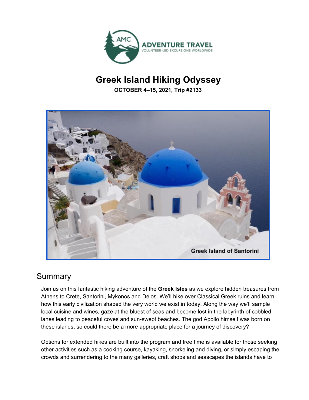 Greek Island Hiking Odyssey OCTOBER 4–15, 2021, Trip #2133