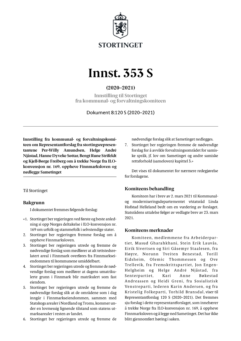 Innst. 353 S (2020–2021) Innstilling Til Stortinget Fra Kommunal- Og Forvaltningskomiteen