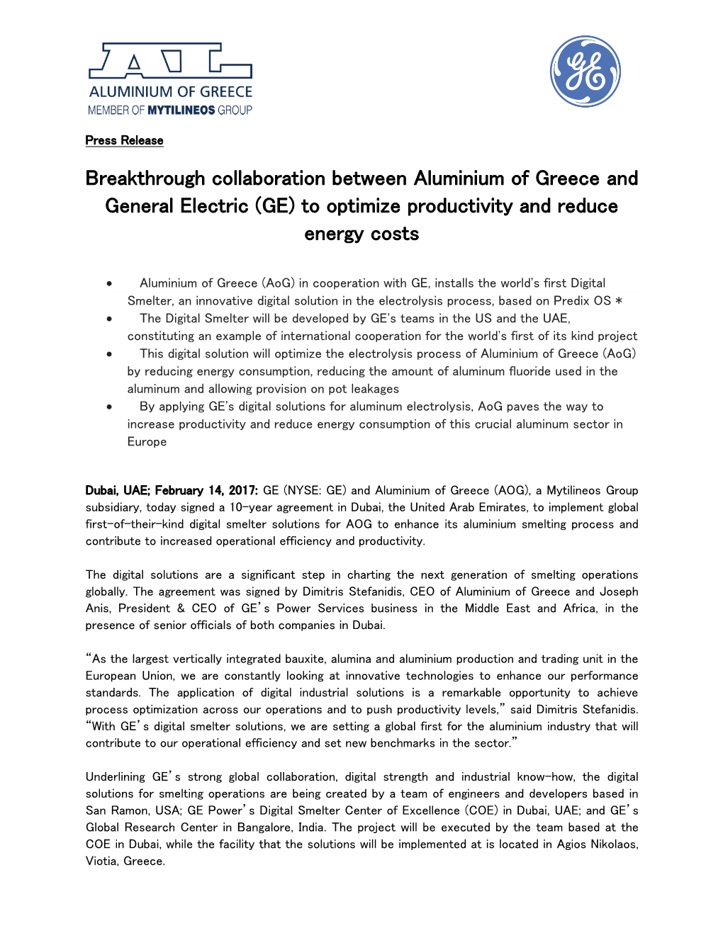 Breakthrough Collaboration Between Aluminium of Greece and General Electric (GE) to Optimize Productivity and Reduce Energy Costs