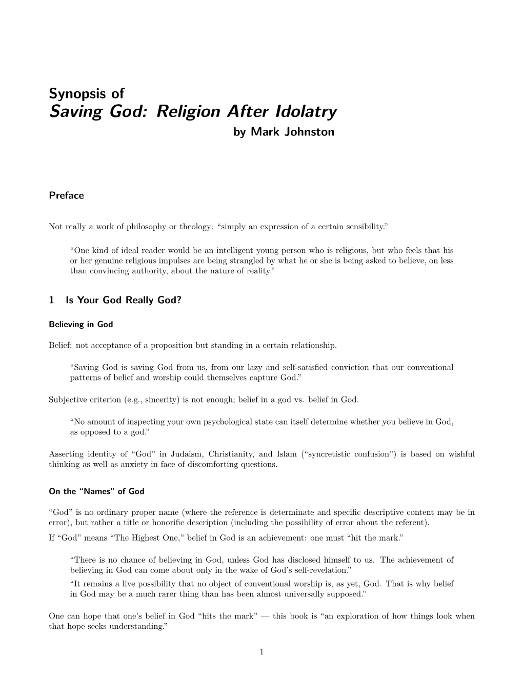Saving God: Religion After Idolatry by Mark Johnston