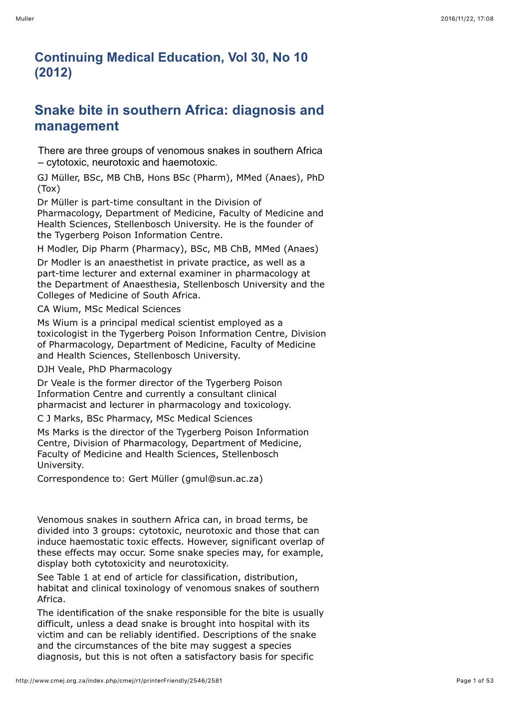 Snake Bite in Southern Africa: Diagnosis and Management