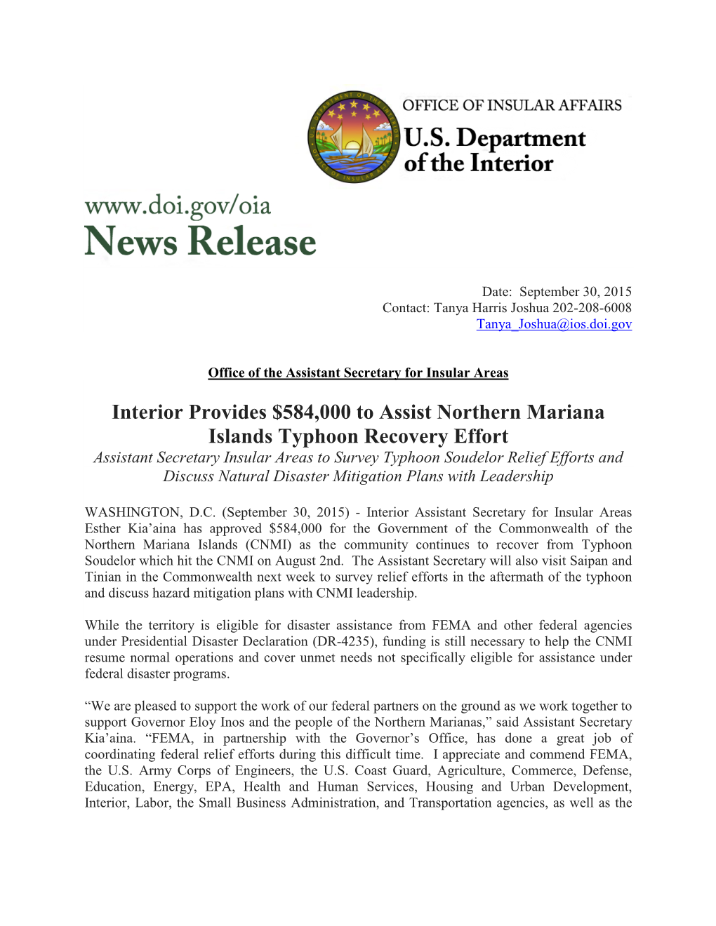 Interior Provides $584,000 to Assist Northern Mariana Islands