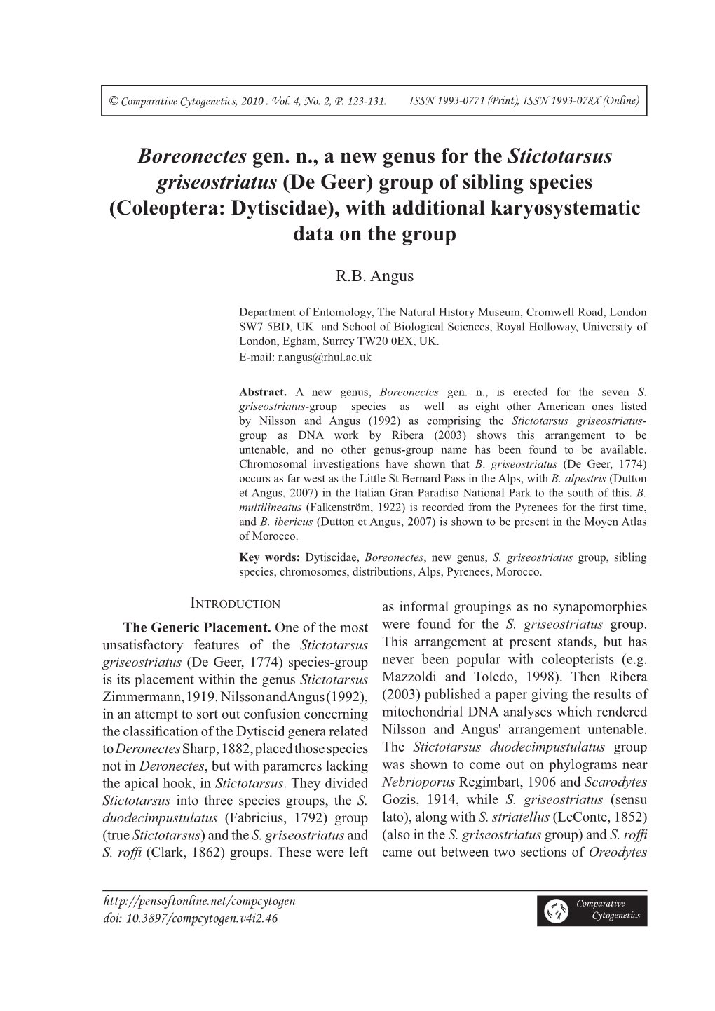 Coleoptera: Dytiscidae), with Additional Karyosystematic Data on the Group