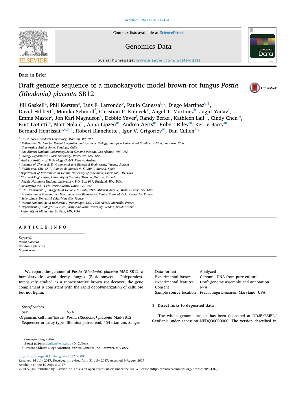 Draft Genome Sequence of a Monokaryotic Model Brown-Rot Fungus Postia MARK (Rhodonia) Placenta SB12