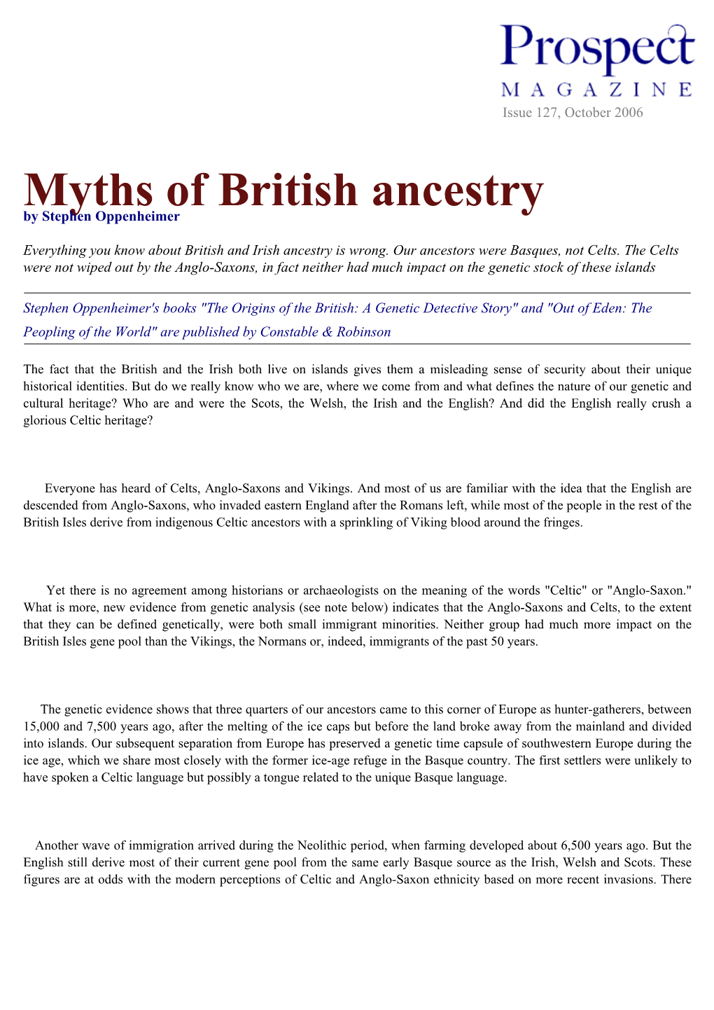 Myths of British Ancestry by Stephen Oppenheimer