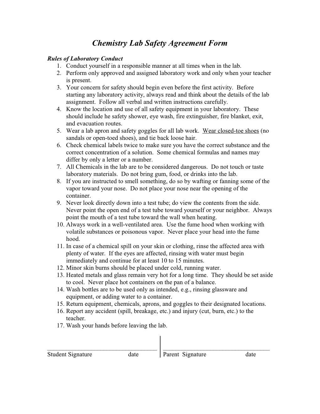 Chem Lab Safety Agreement Form