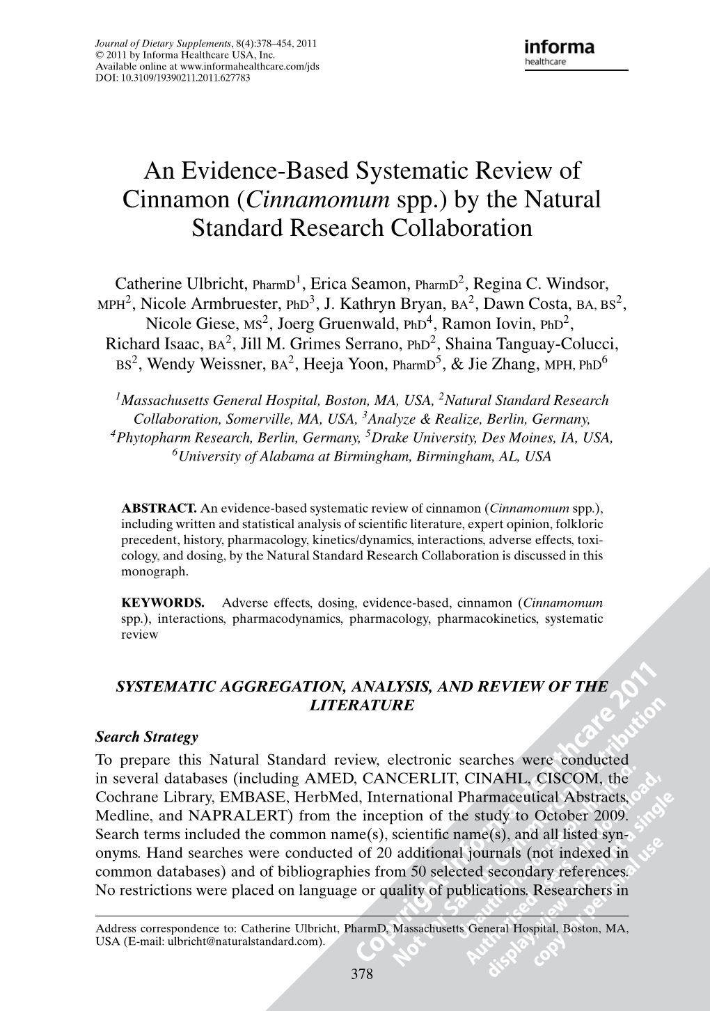 An Evidence-Based Systematic Review of Cinnamon (Cinnamomum Spp.) by the Natural Standard Research Collaboration