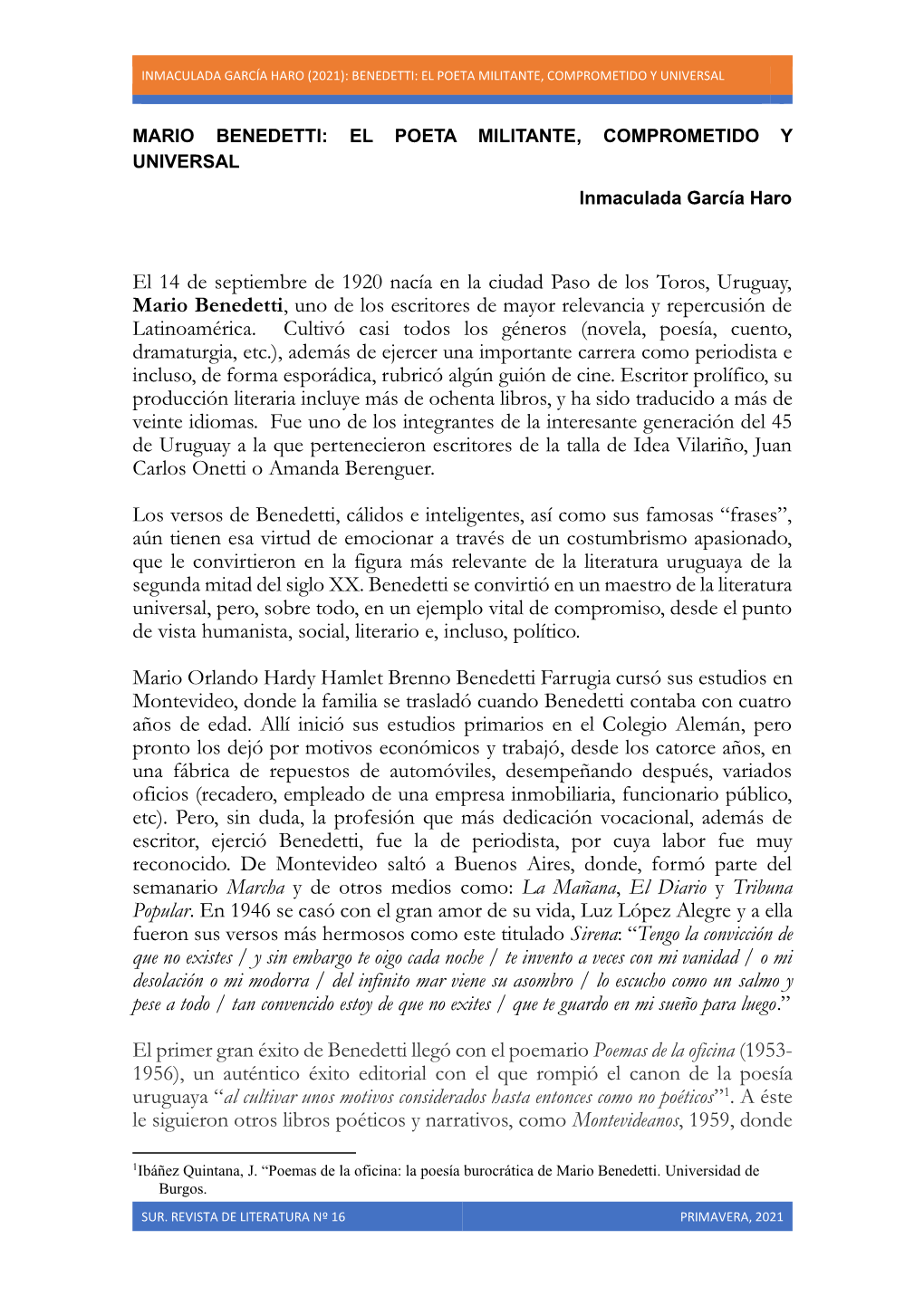 Inmaculada García Haro (2021): Benedetti: El Poeta Militante, Comprometido Y Universal