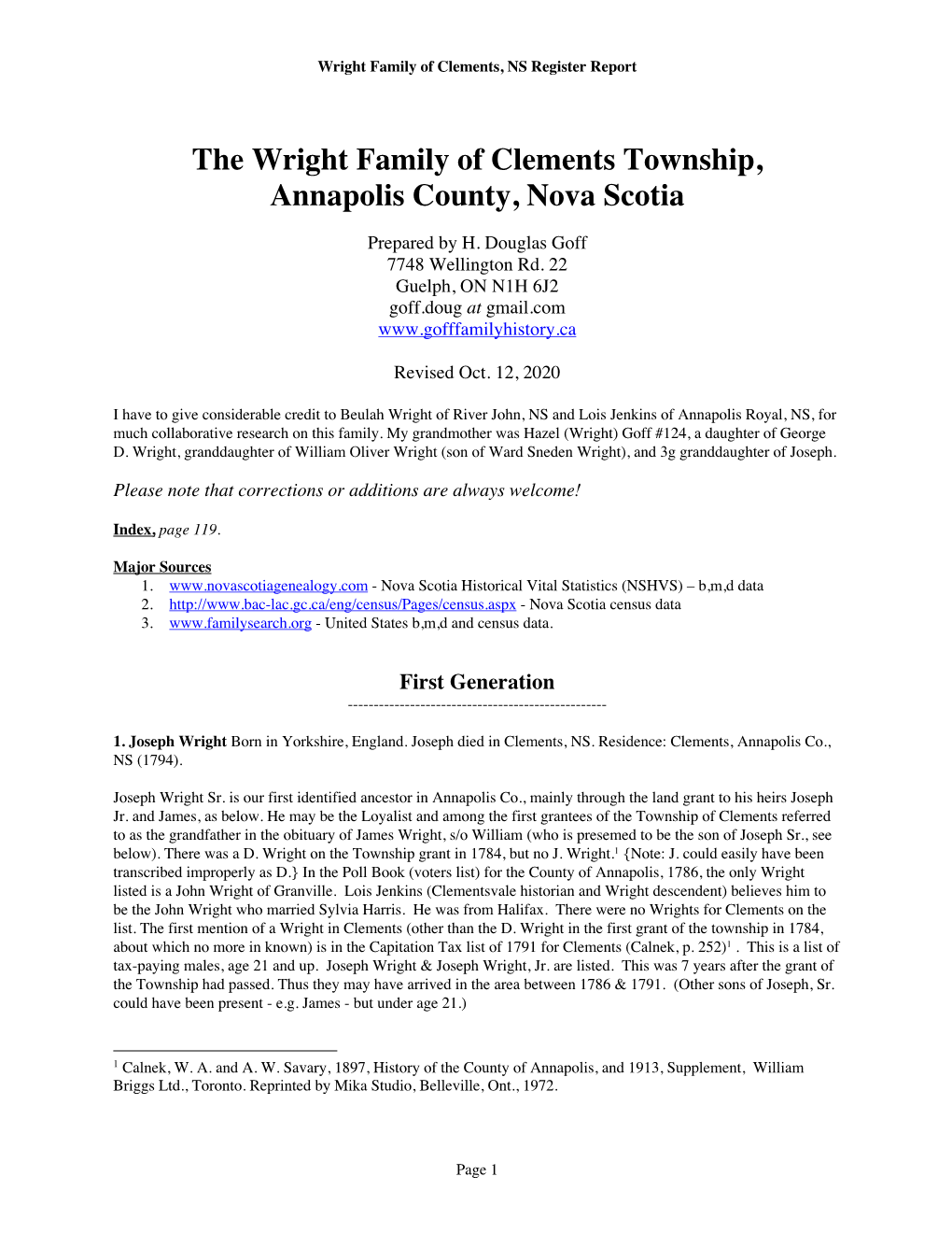 The Wright Family of Clements Township, Annapolis County, Nova Scotia