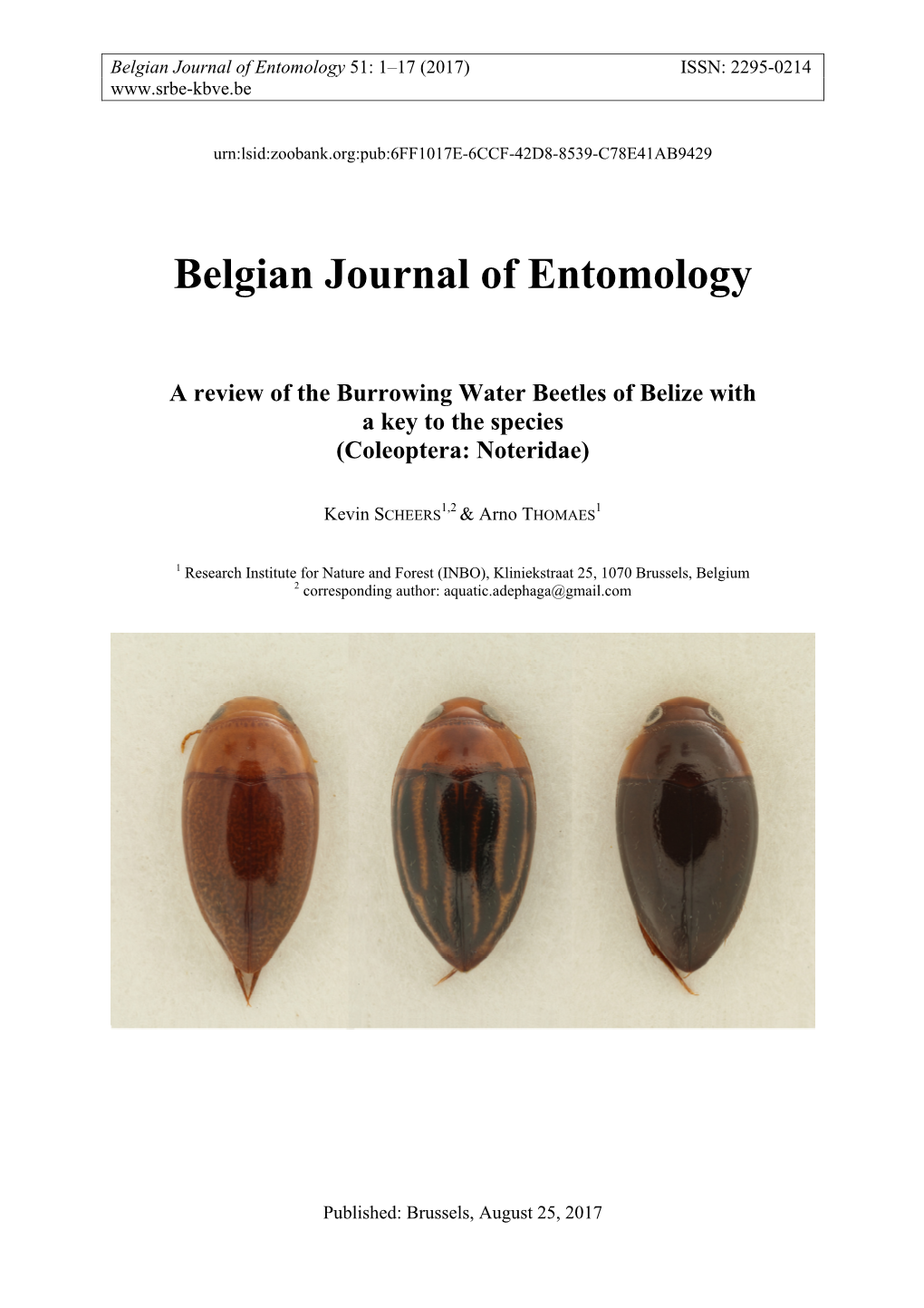 Belgian Journal of Entomology a Review of the Burrowing Water