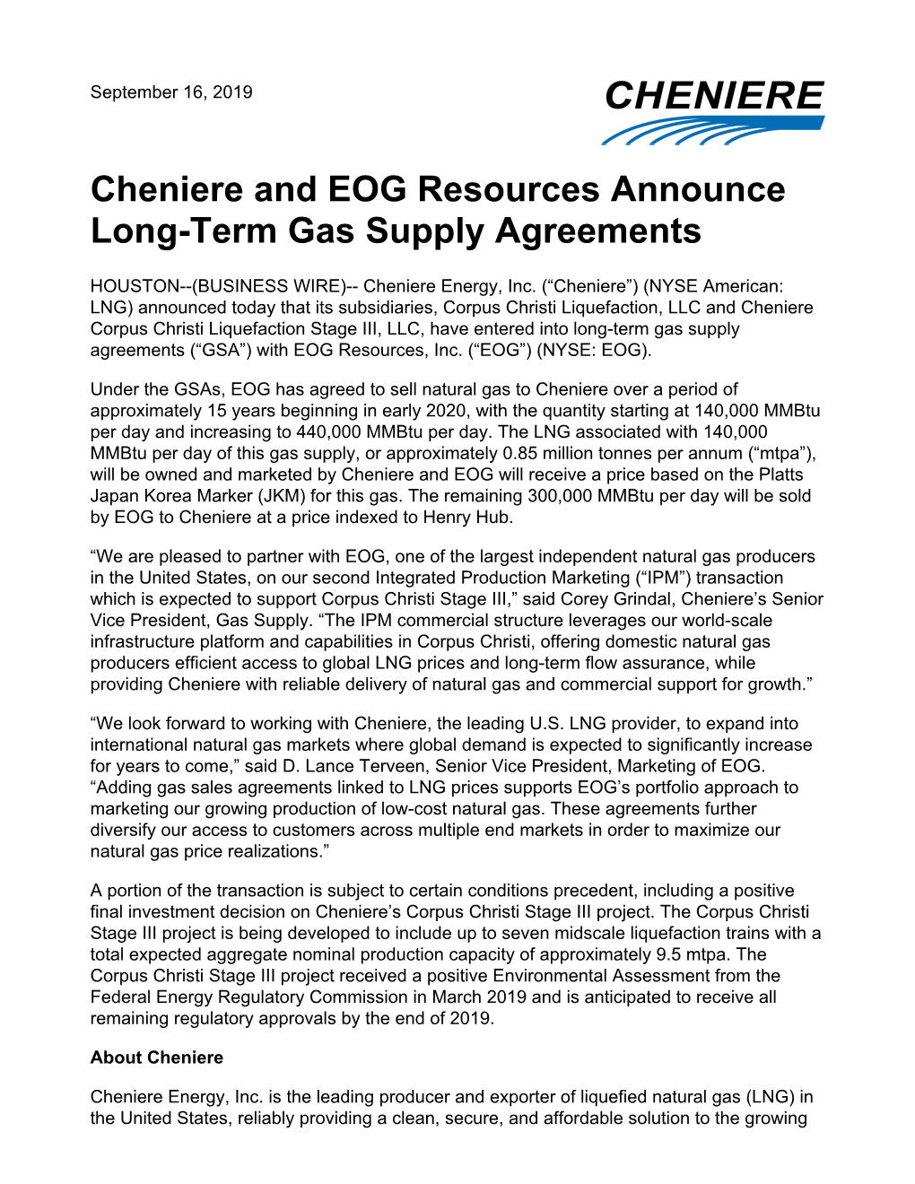 Cheniere and EOG Resources Announce Long-Term Gas Supply Agreements