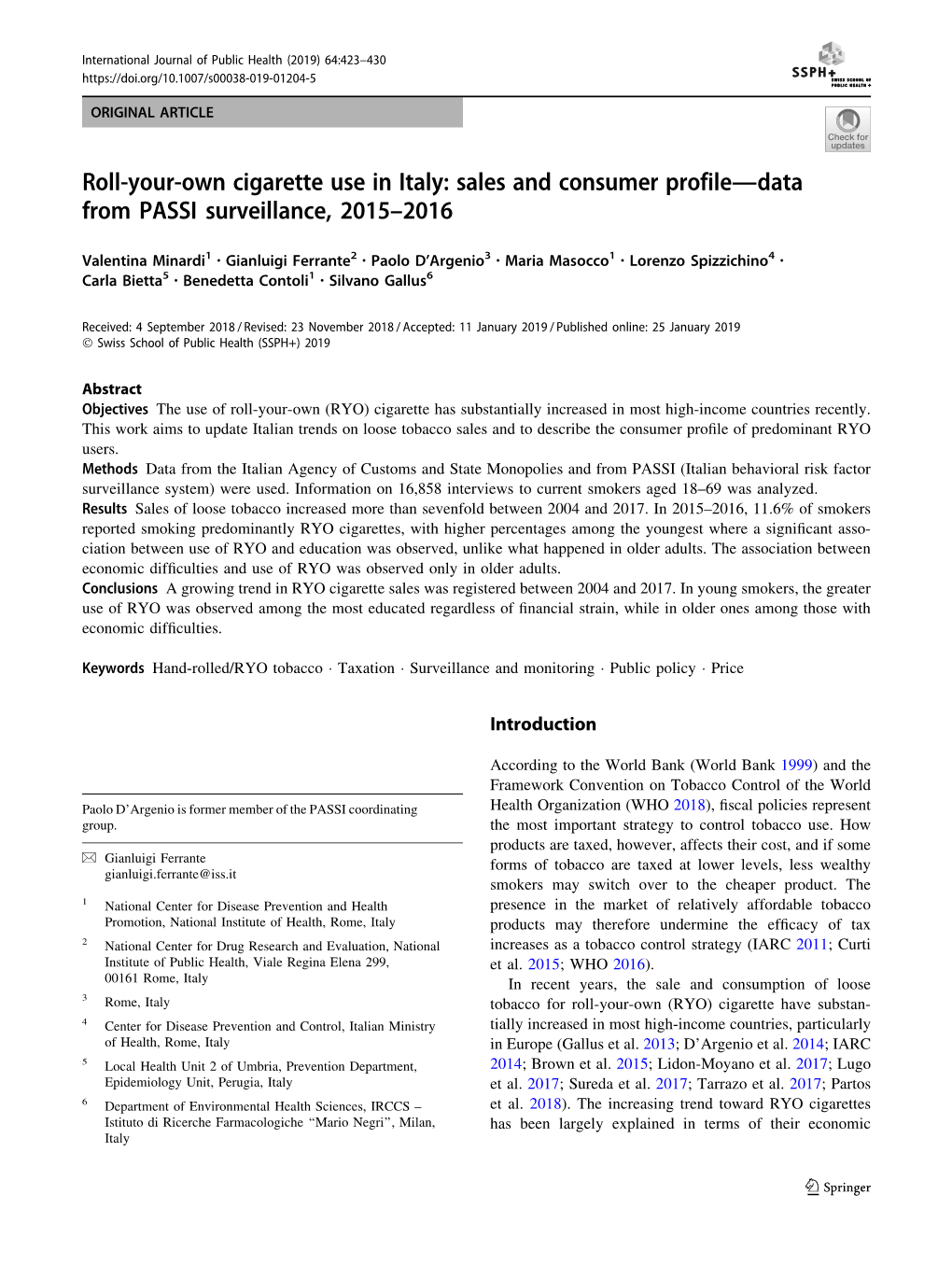 Roll-Your-Own Cigarette Use in Italy: Sales and Consumer Profile—Data from PASSI Surveillance, 2015–2016