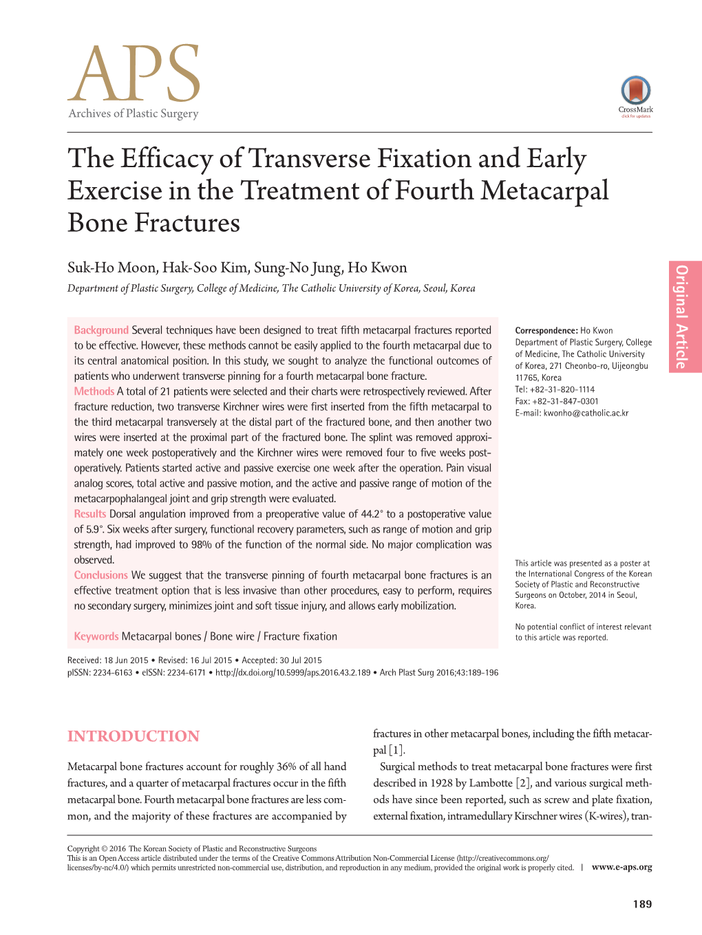The Efficacy of Transverse Fixation and Early Exercise in the Treatment of Fourth Metacarpal Bone Fractures