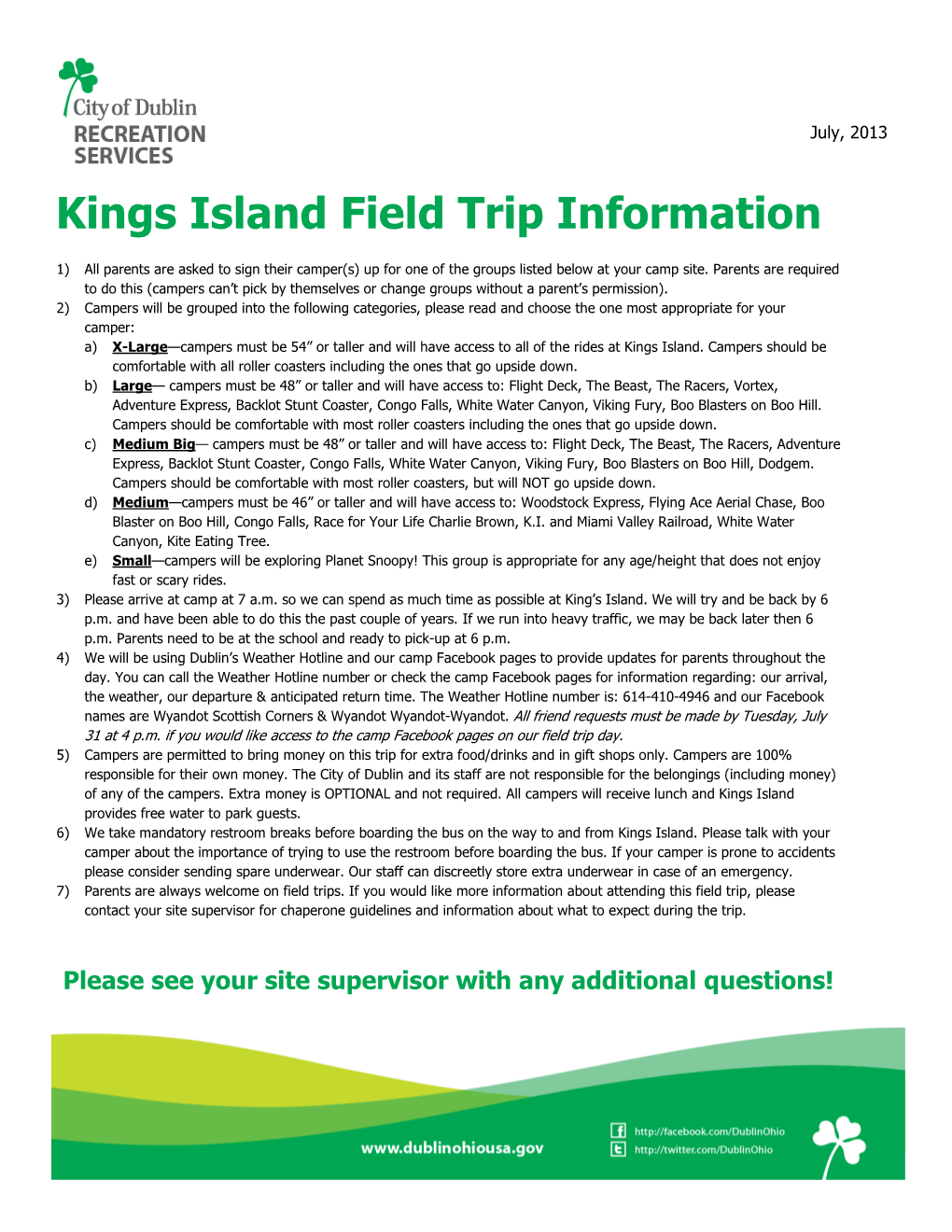 Kings Island Field Trip Information