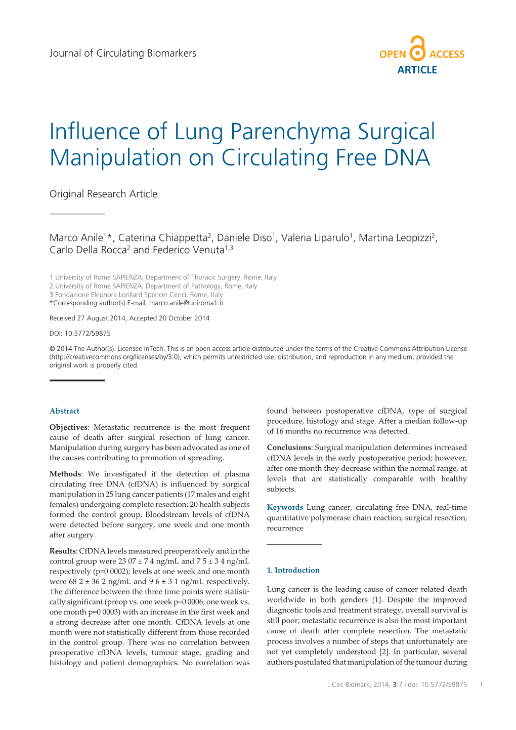 Influence of Lung Parenchyma Surgical Manipulation on Circulating Free DNA
