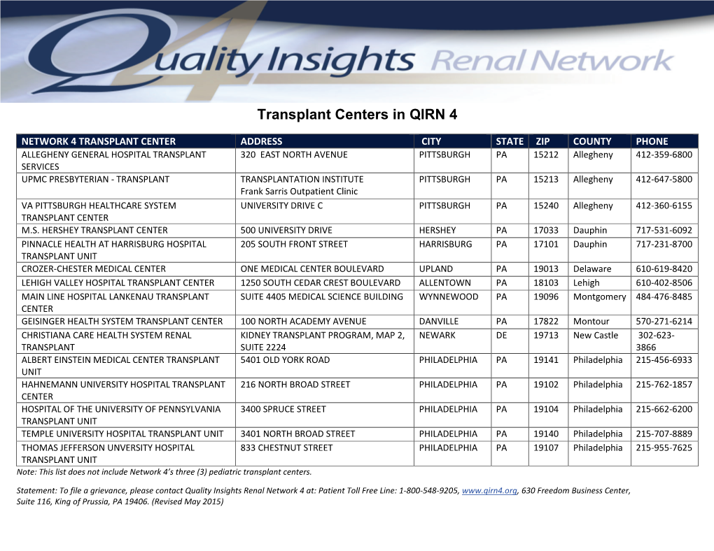 Transplant Centers in QIRN 4