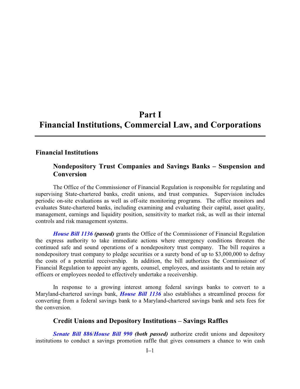 Financial Institutions, Commercial Law, and Corporations