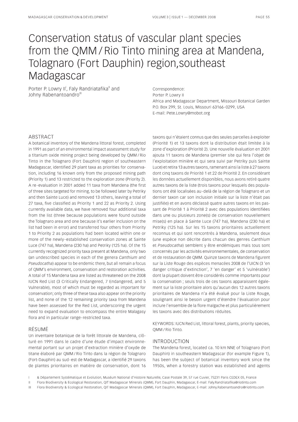 Conservation Status of Vascular Plant Species from the QMM / Rio Tinto Mining Area at Mandena, Tolagnaro (Fort Dauphin) Region,Southeast Madagascar