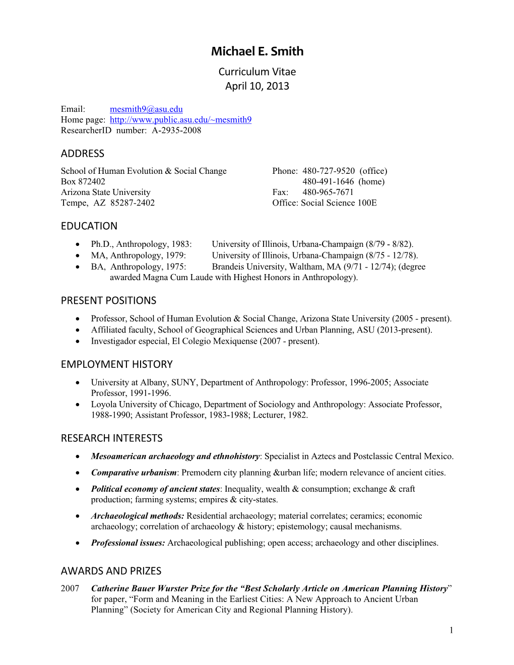 Michael E. Smith Curriculum Vitae April 10, 2013