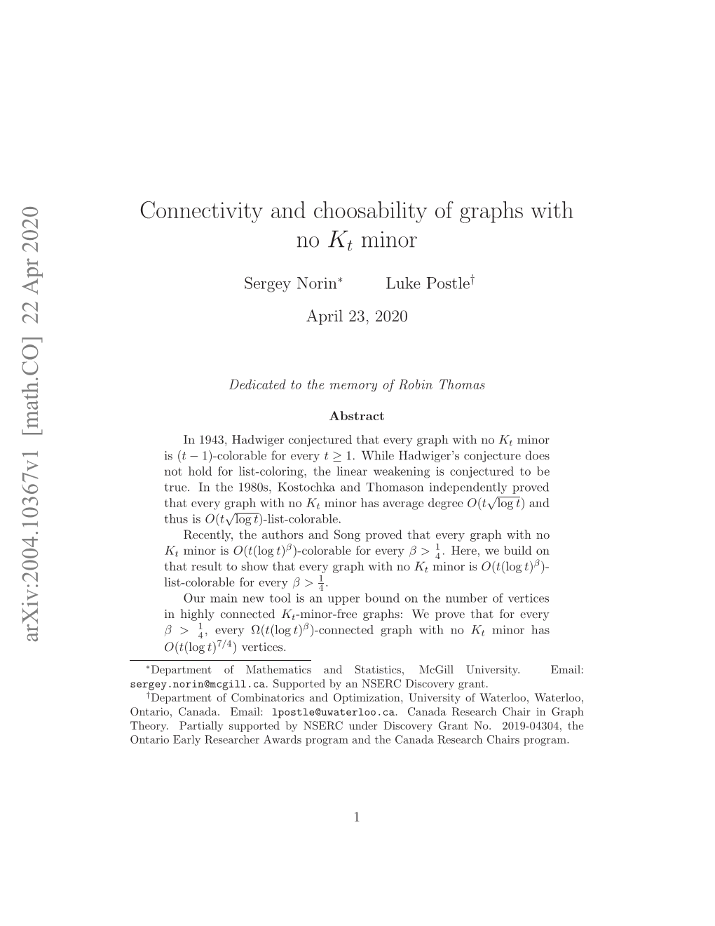 Connectivity and Choosability of Graphs with No $ K T $ Minor