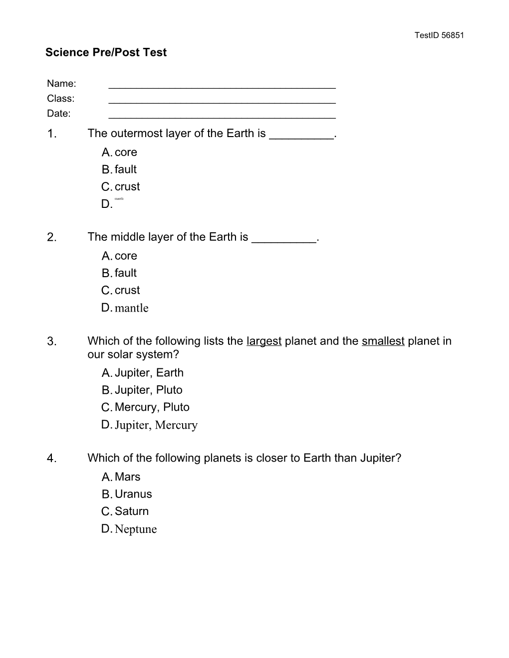 Science Pre/Post Test