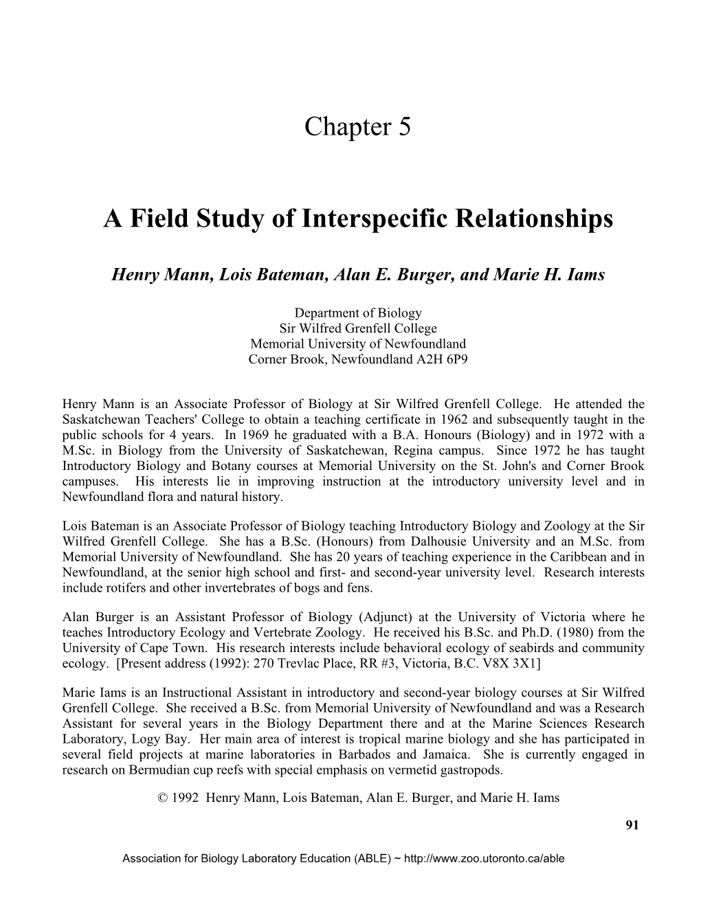 Chapter 5 a Field Study of Interspecific Relationships