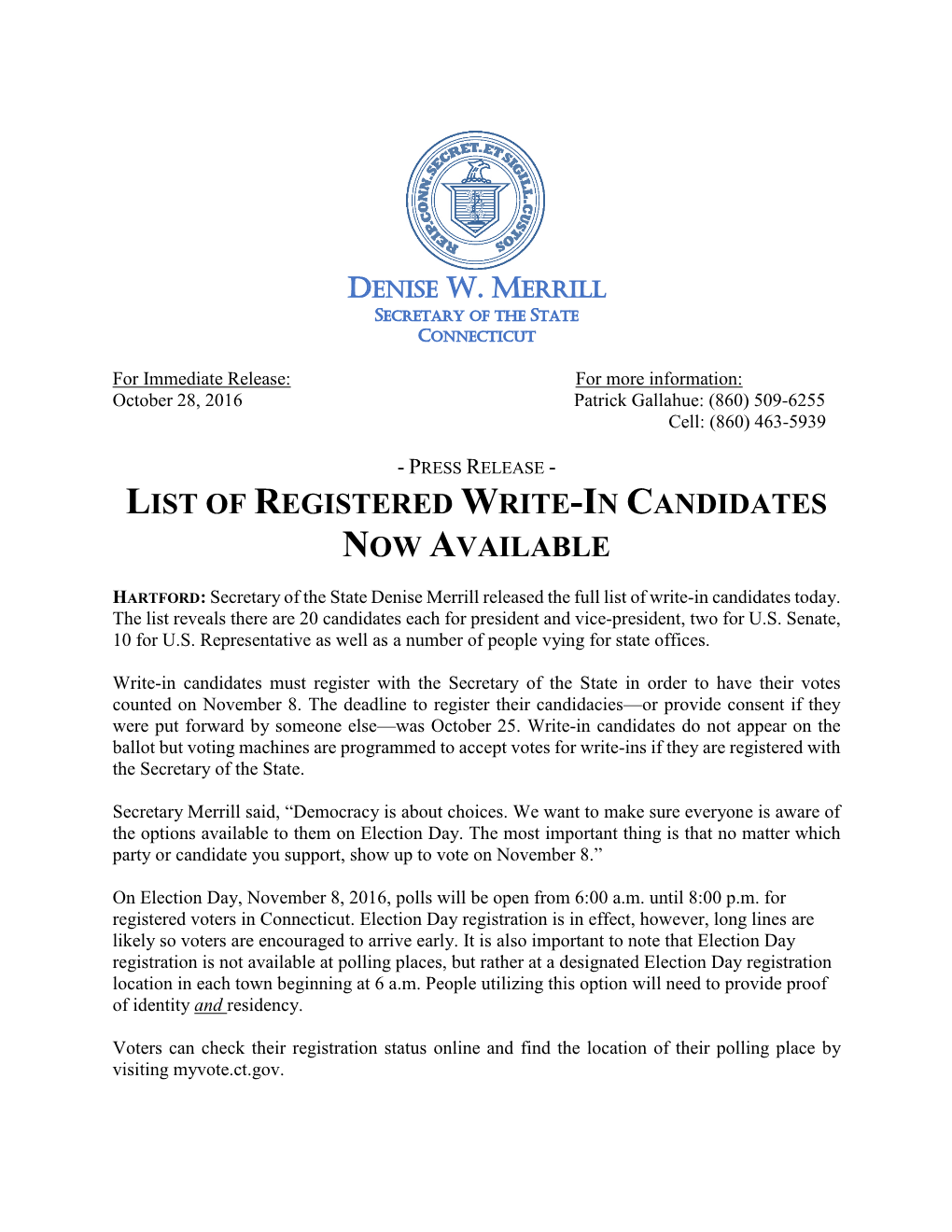 List of Registered Write-In Candidates Now Available