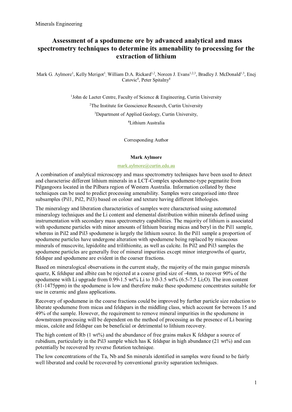 Assessment of a Spodumene Ore by Advanced Analytical and Mass Spectrometry Techniques to Determine Its Amenability to Processing for the Extraction of Lithium