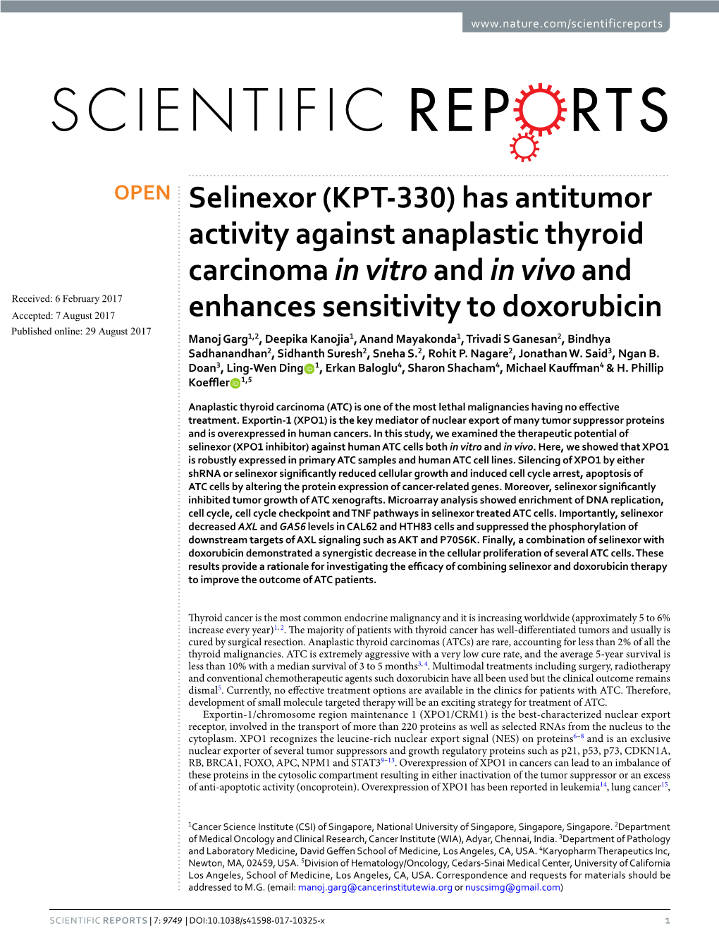 Selinexor (KPT-330) Has Antitumor Activity Against Anaplastic Thyroid