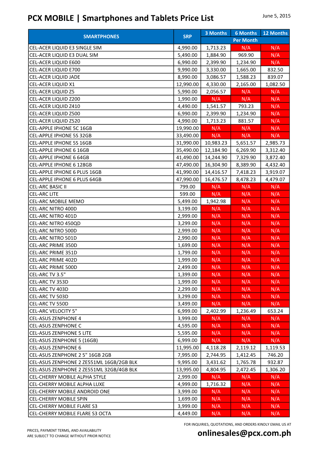 PCX MOBILE | Smartphones and Tablets Price List June 5, 2015