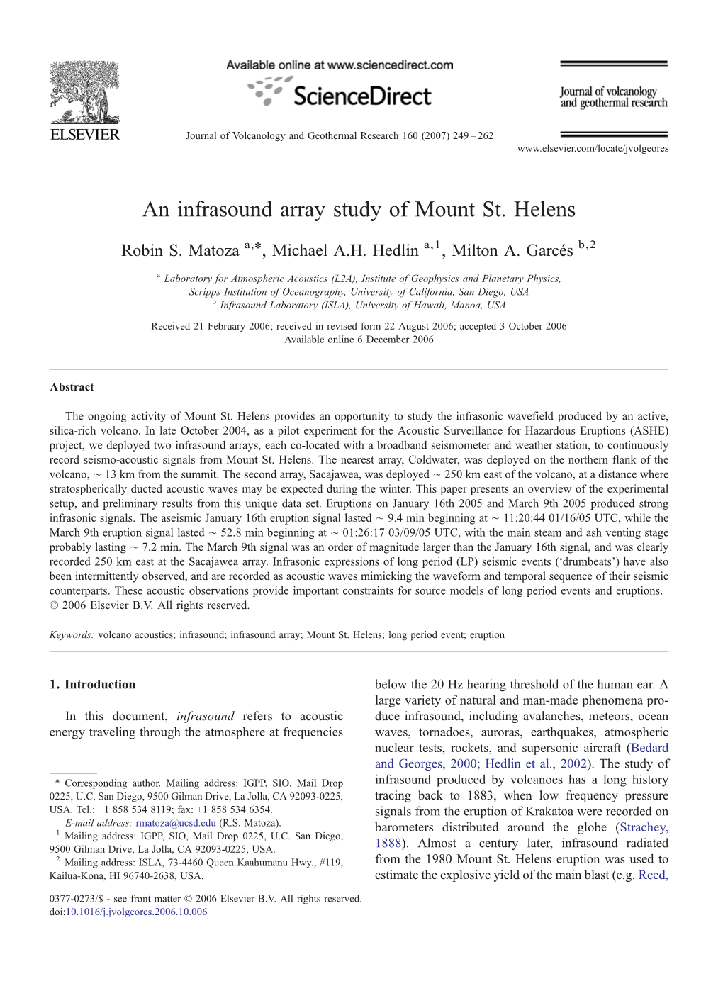 An Infrasound Array Study of Mount St. Helens ⁎ Robin S