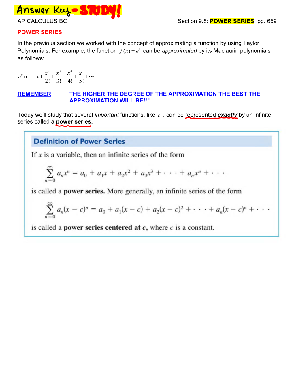 AP CALCULUS BC Section 9.8: POWER SERIES, Pg. 659 POWER