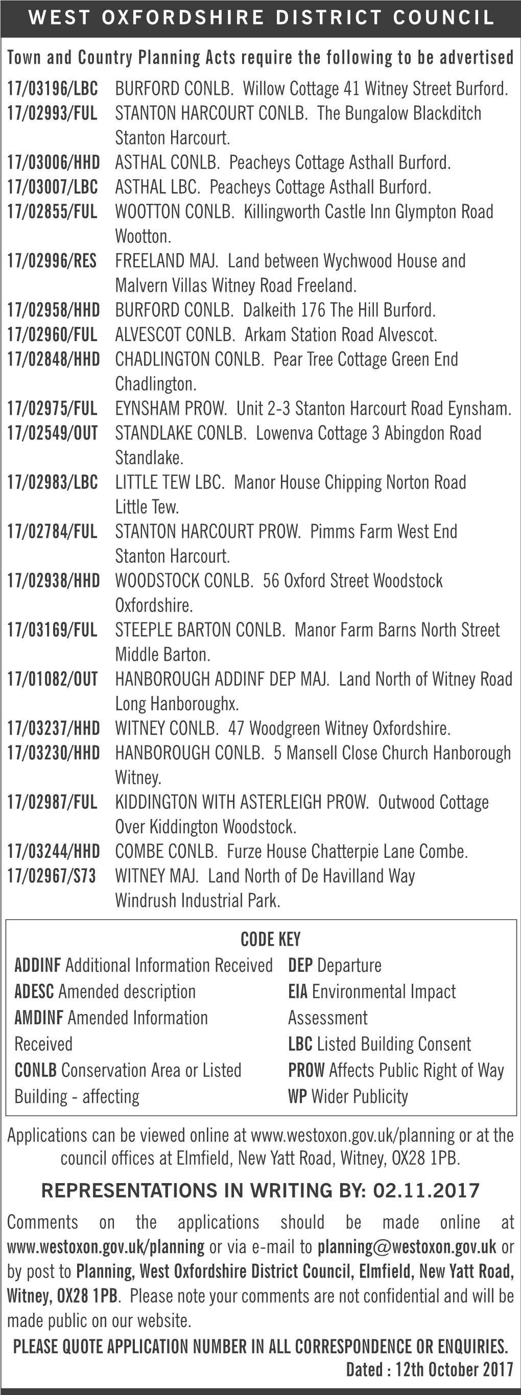 Town and Country Planning Acts Require the Following to Be Advertised 17/03196/LBC BURFORD CONLB