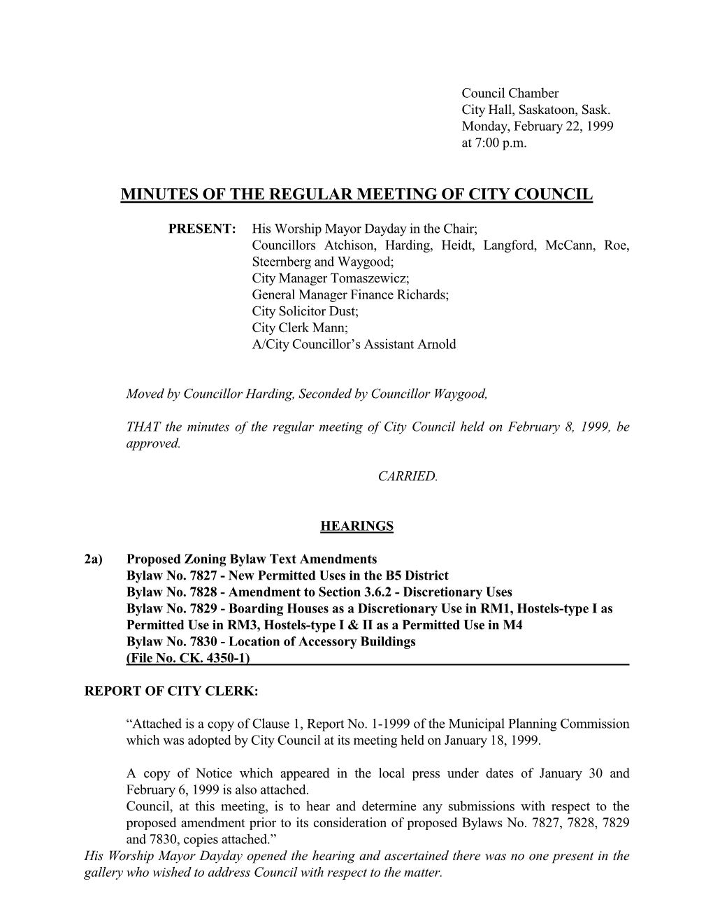 Minutes of the Regular Meeting of City Council