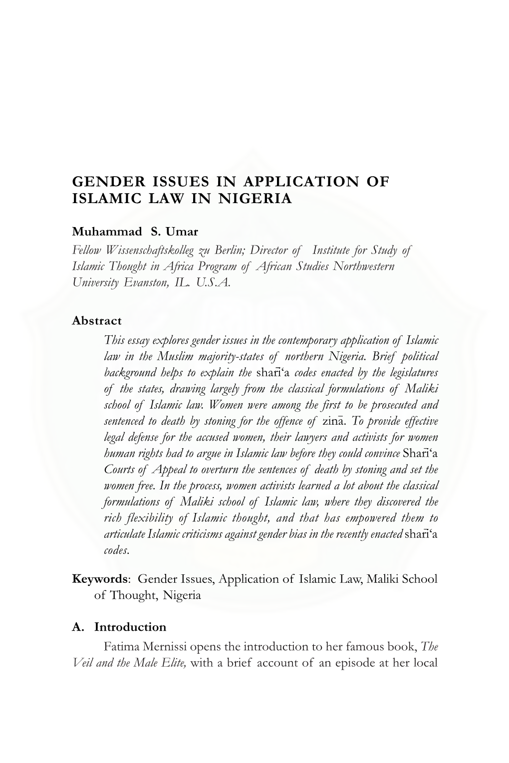 Gender Issues in Application of Islamic Law in Nigeria