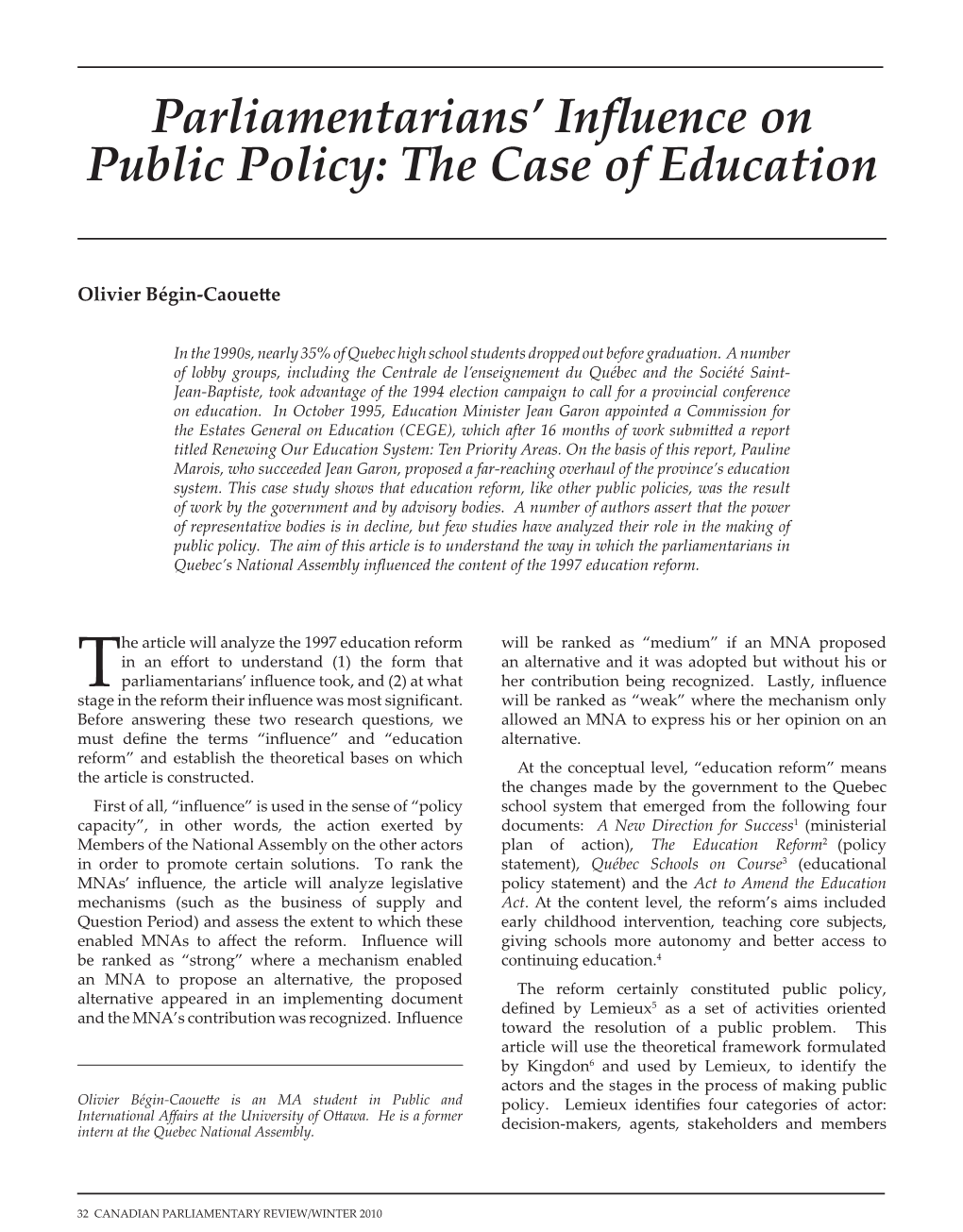 Parliamentarians' Influence on Public Policy: the Case of Education