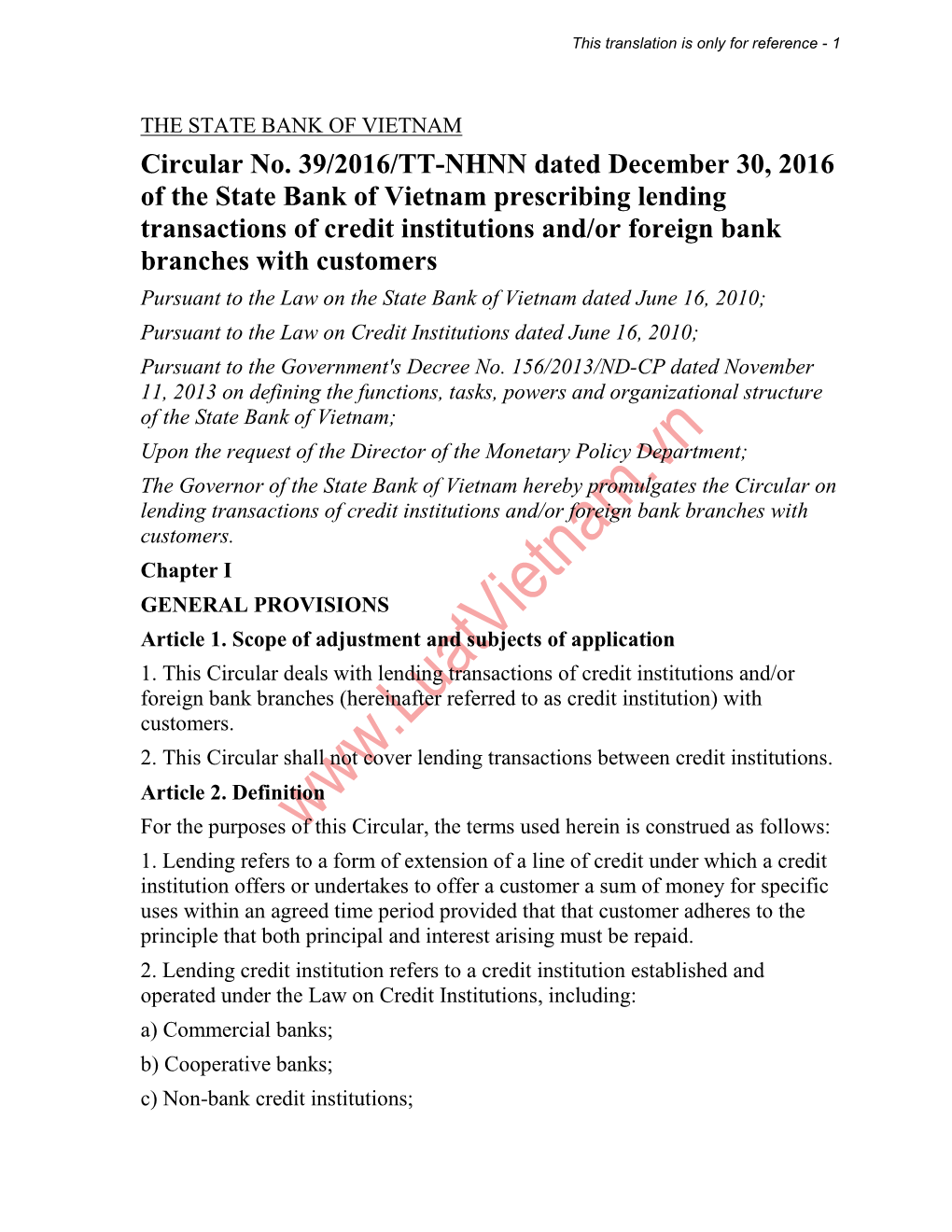 Circular No. 39/2016/TT-NHNN Dated December 30, 2016 of the State