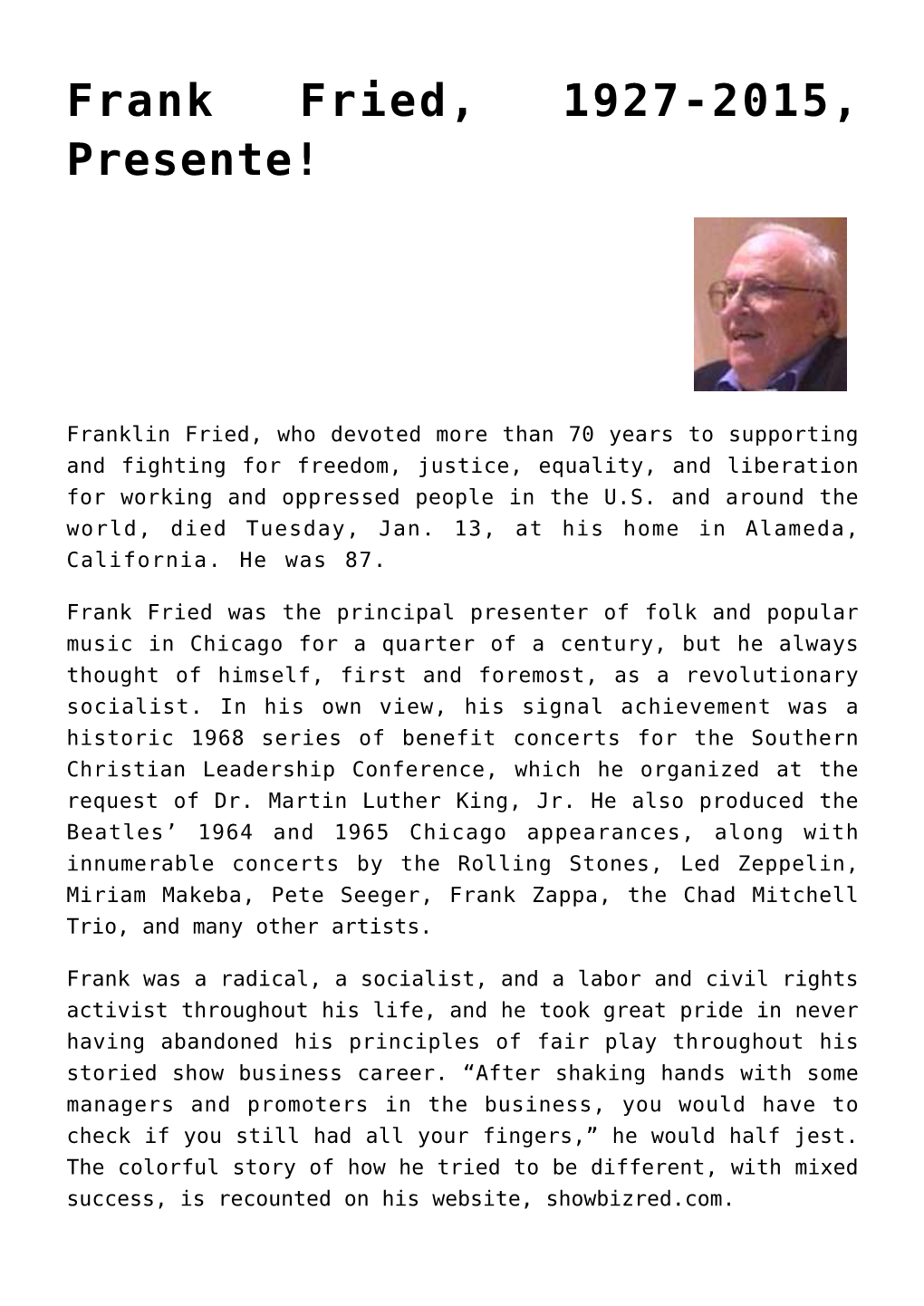 Frank Fried, 1927-2015, Presente!