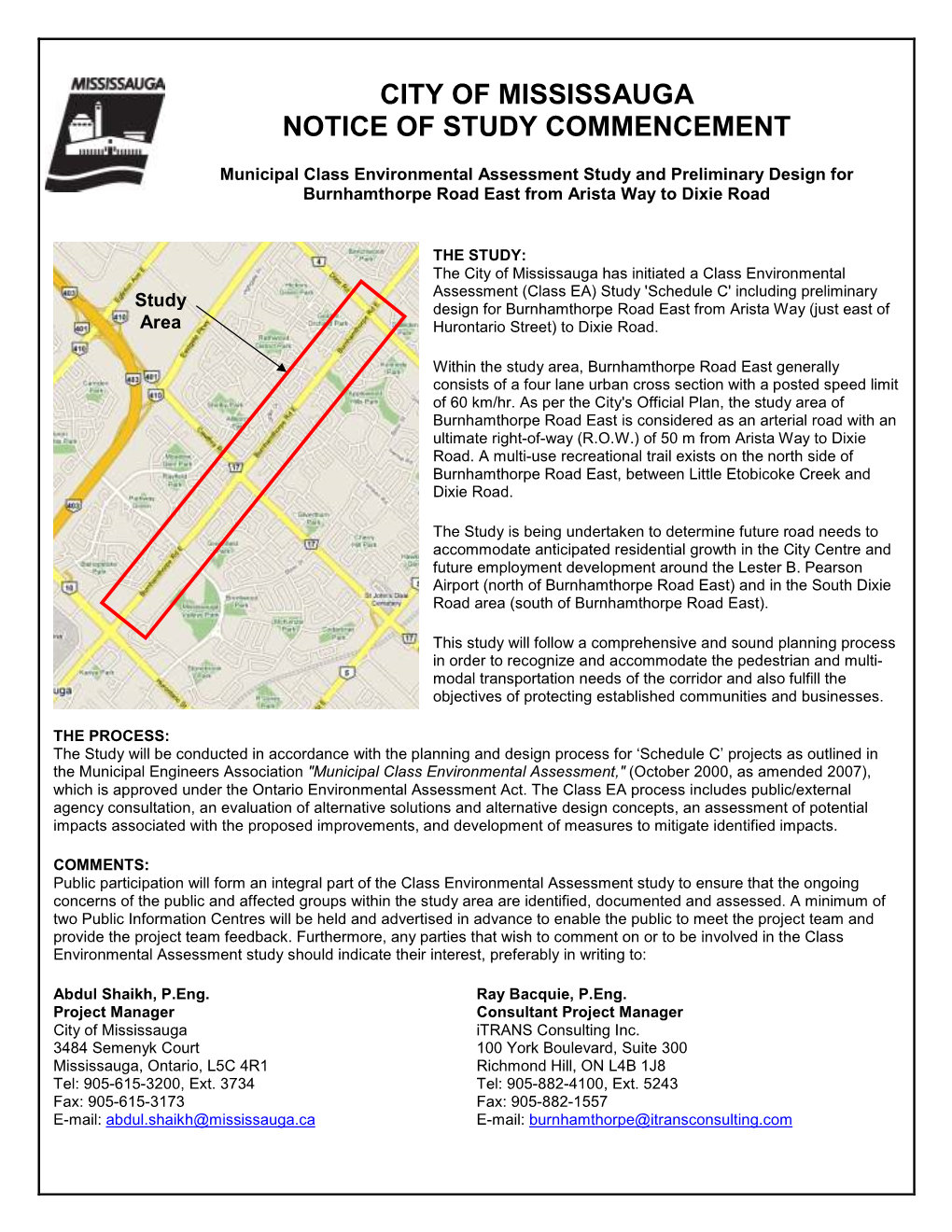 City of Mississauga Notice of Study Commencement