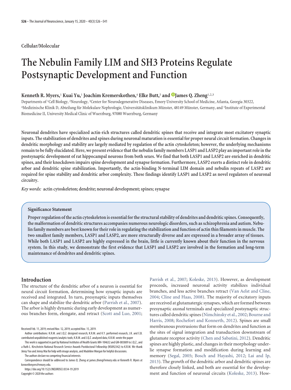 The Nebulin Family LIM and SH3 Proteins Regulate Postsynaptic Development and Function