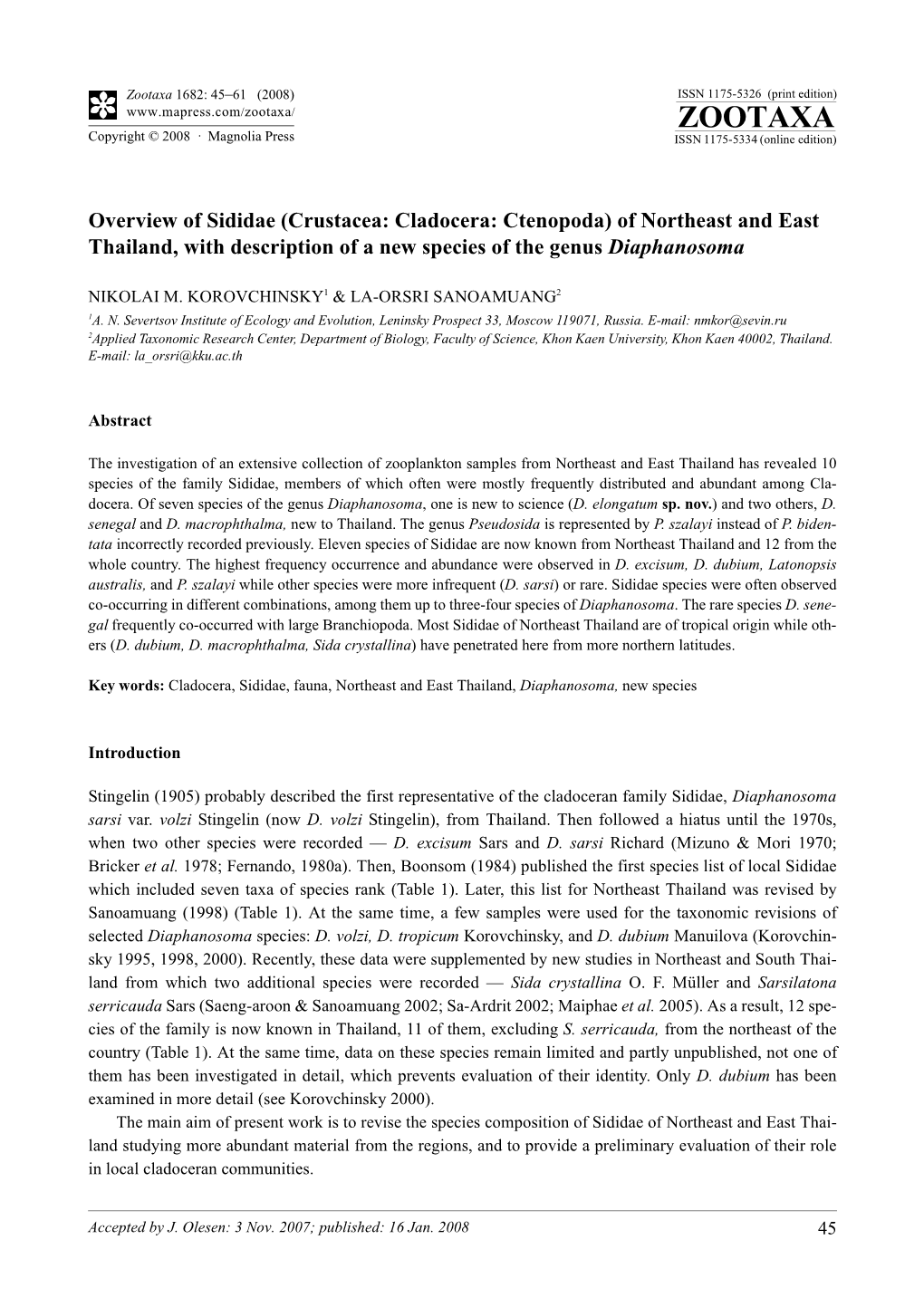 Zootaxa, Overview of Sididae (Crustacea: Cladocera: Ctenopoda