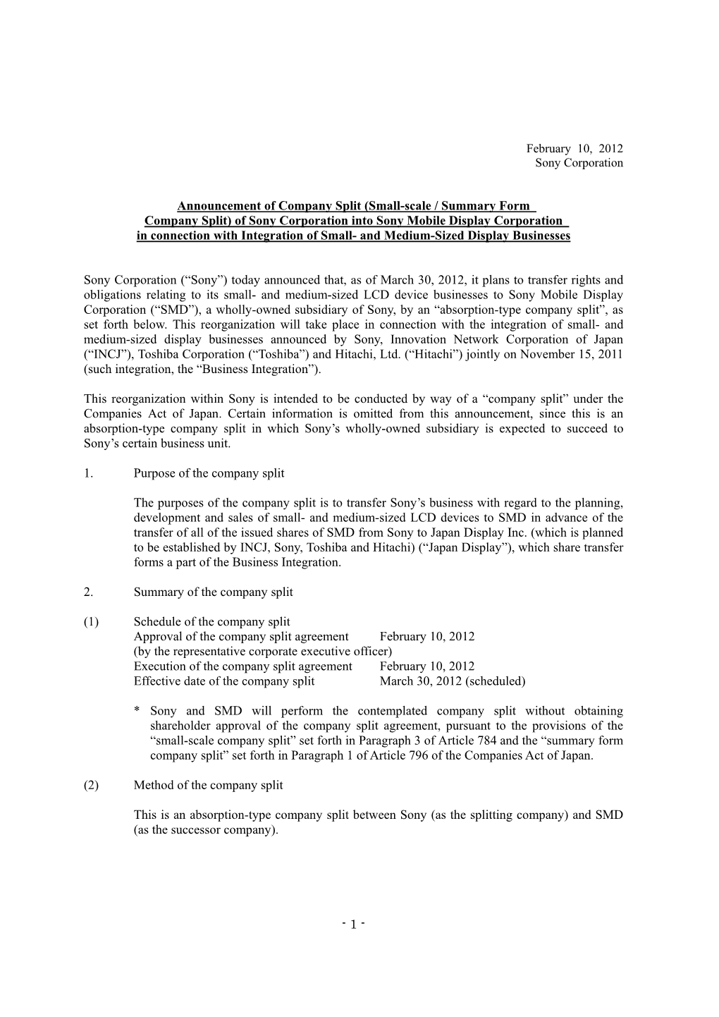 Small-Scale / Summary Form Company Split