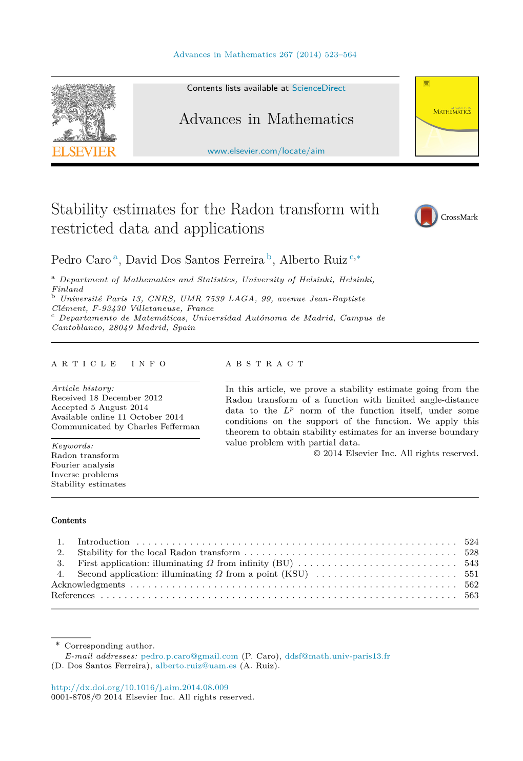 Stability Estimates for the Radon Transform with Restricted Data and Applications