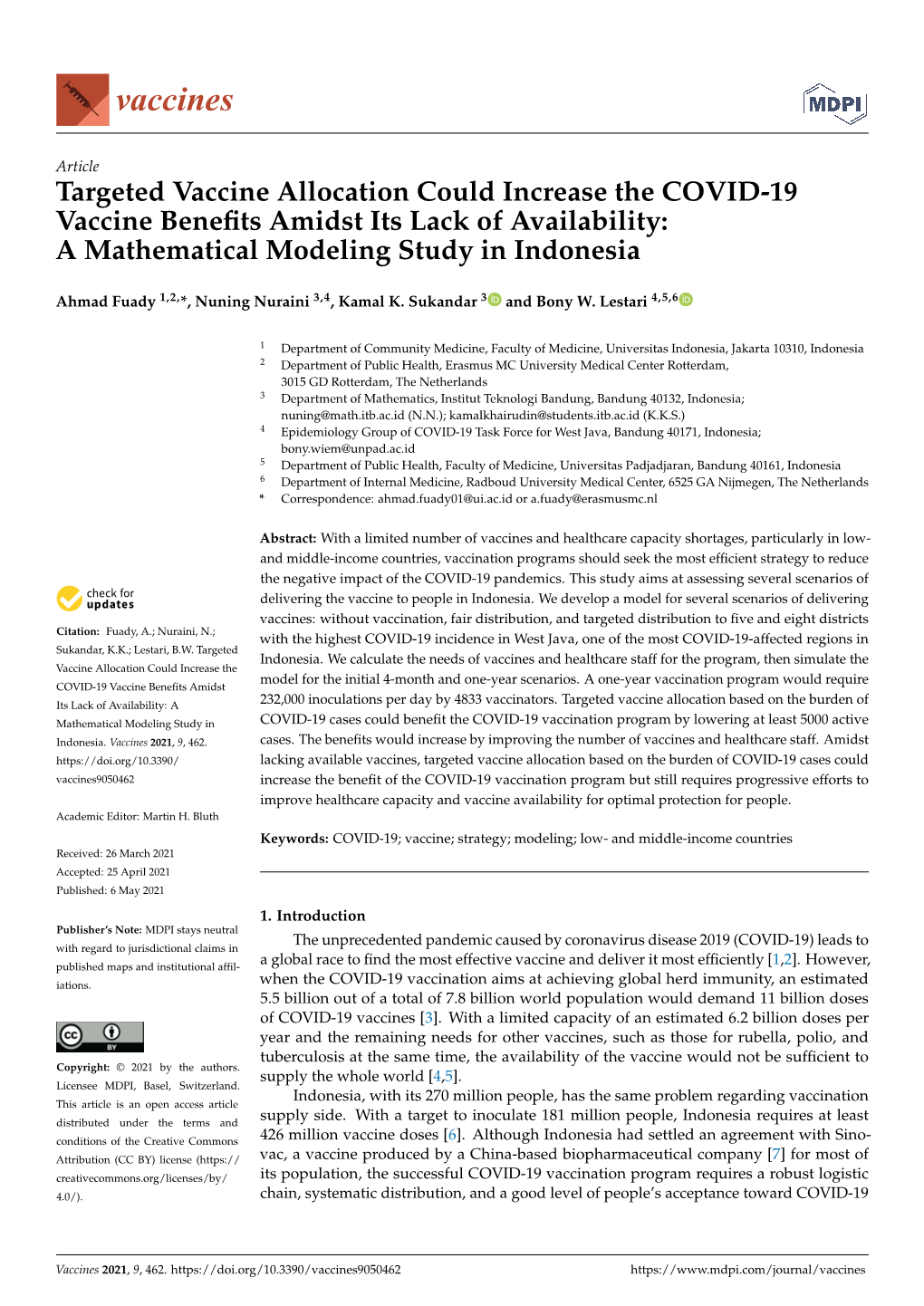 Targeted Vaccine Allocation Could Increase the COVID-19 Vaccine Beneﬁts Amidst Its Lack of Availability: a Mathematical Modeling Study in Indonesia