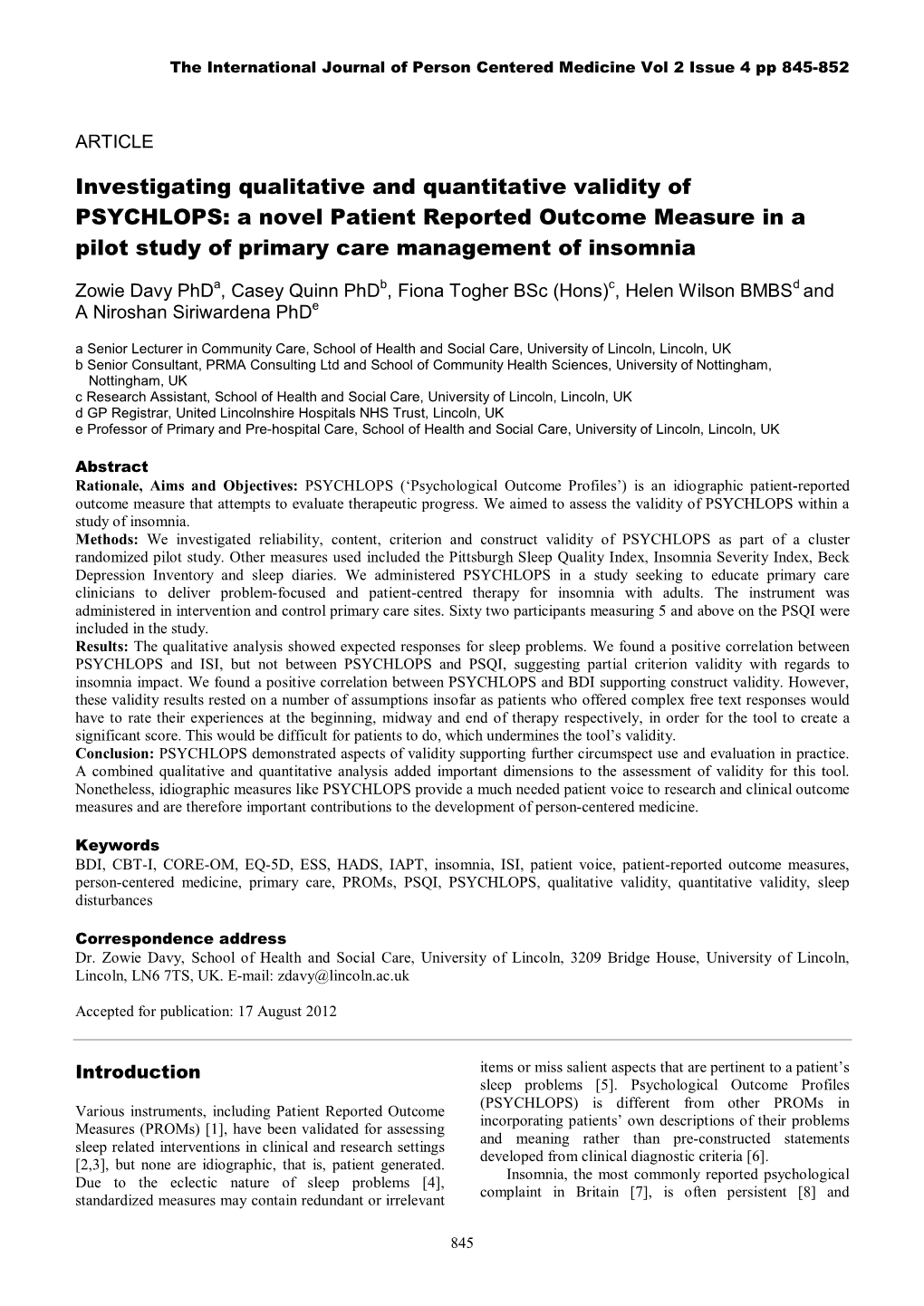 A Novel Patient Reported Outcome Measure in a Pilot Study of Primary Care Management of Insomnia