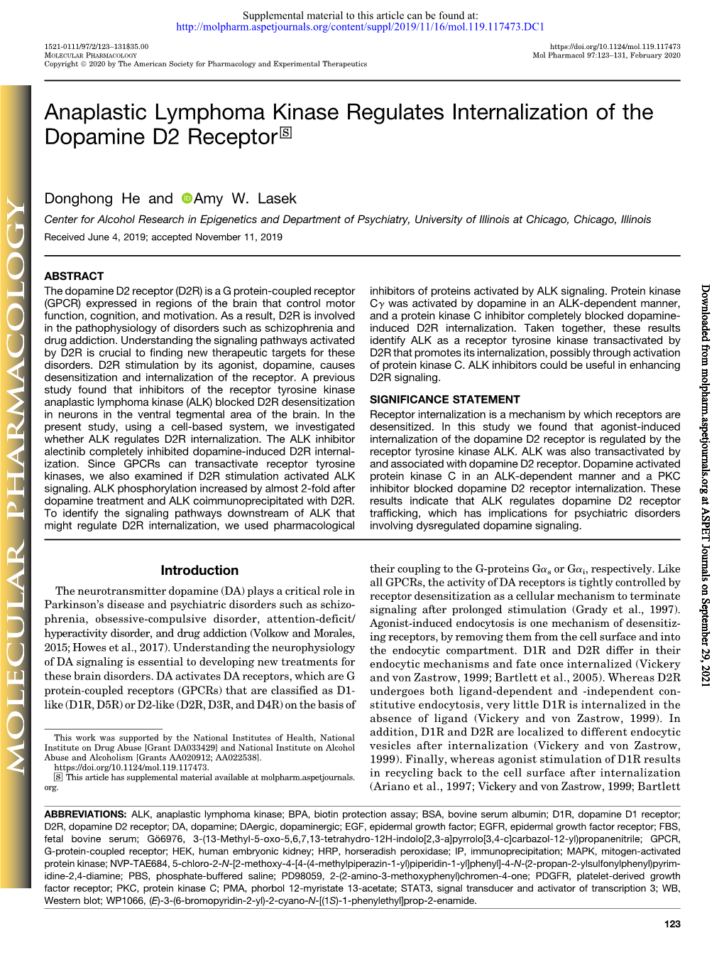 Anaplastic Lymphoma Kinase Regulates Internalization of the Dopamine D2 Receptor S