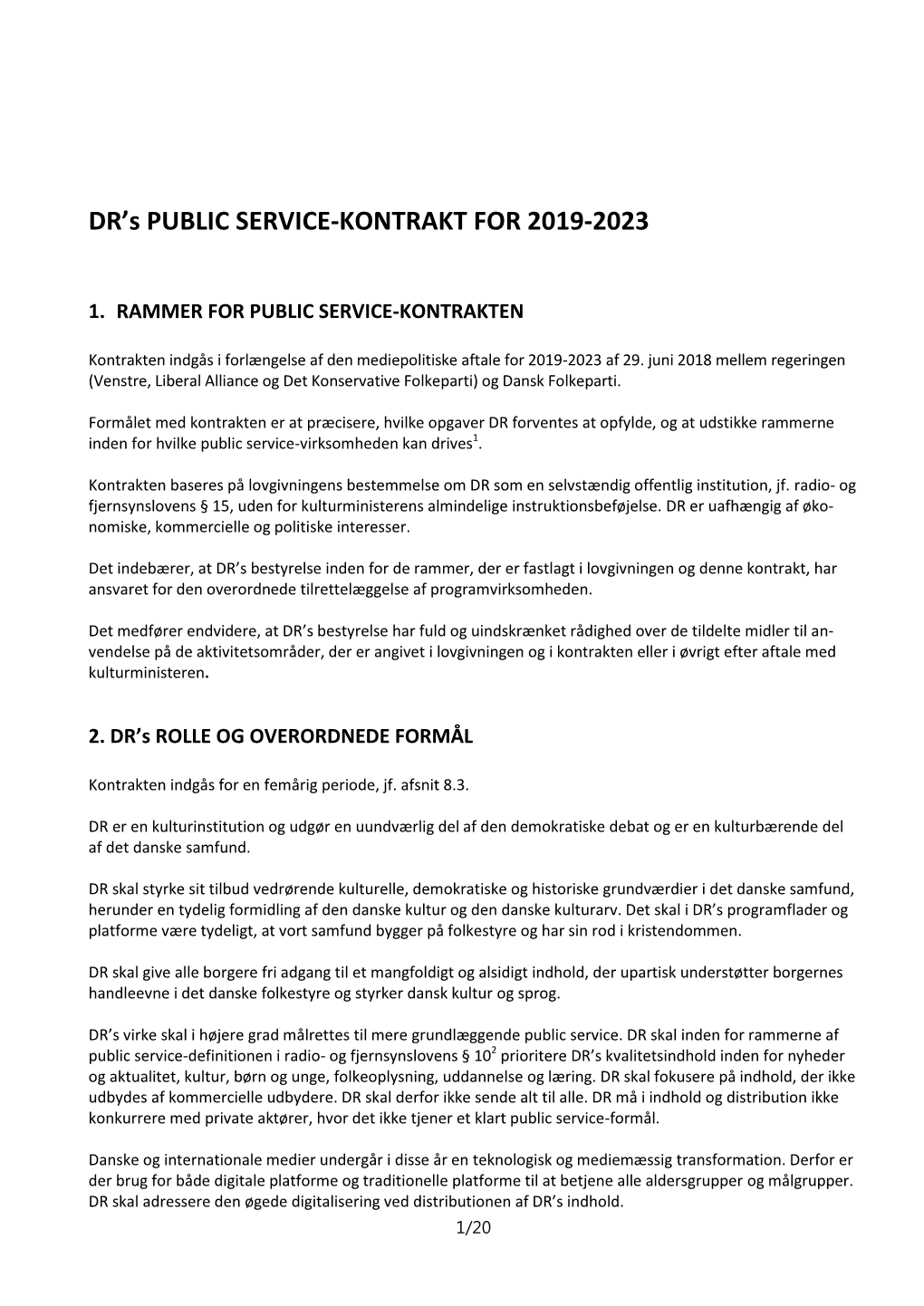 DR's PUBLIC SERVICE-KONTRAKT for 2019-2023