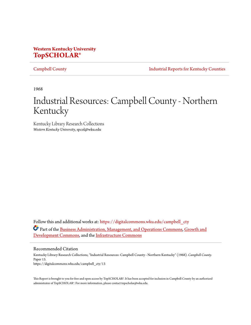 Industrial Resources: Campbell County - Northern Kentucky Kentucky Library Research Collections Western Kentucky University, Spcol@Wku.Edu