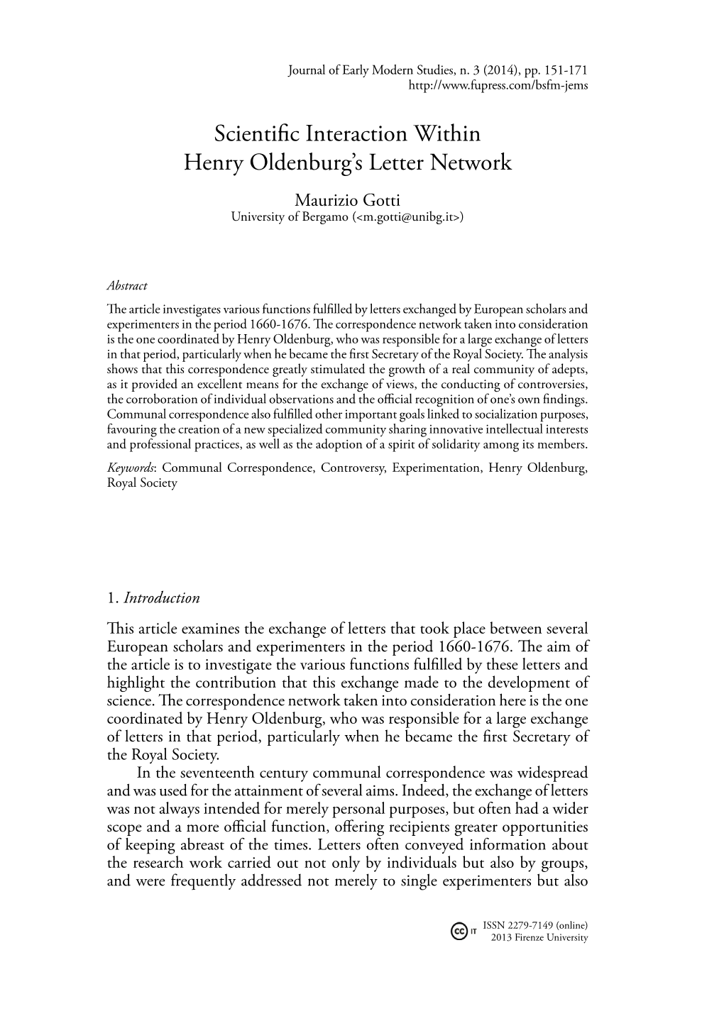 Scientific Interaction Within Henry Oldenburg's Letter Network